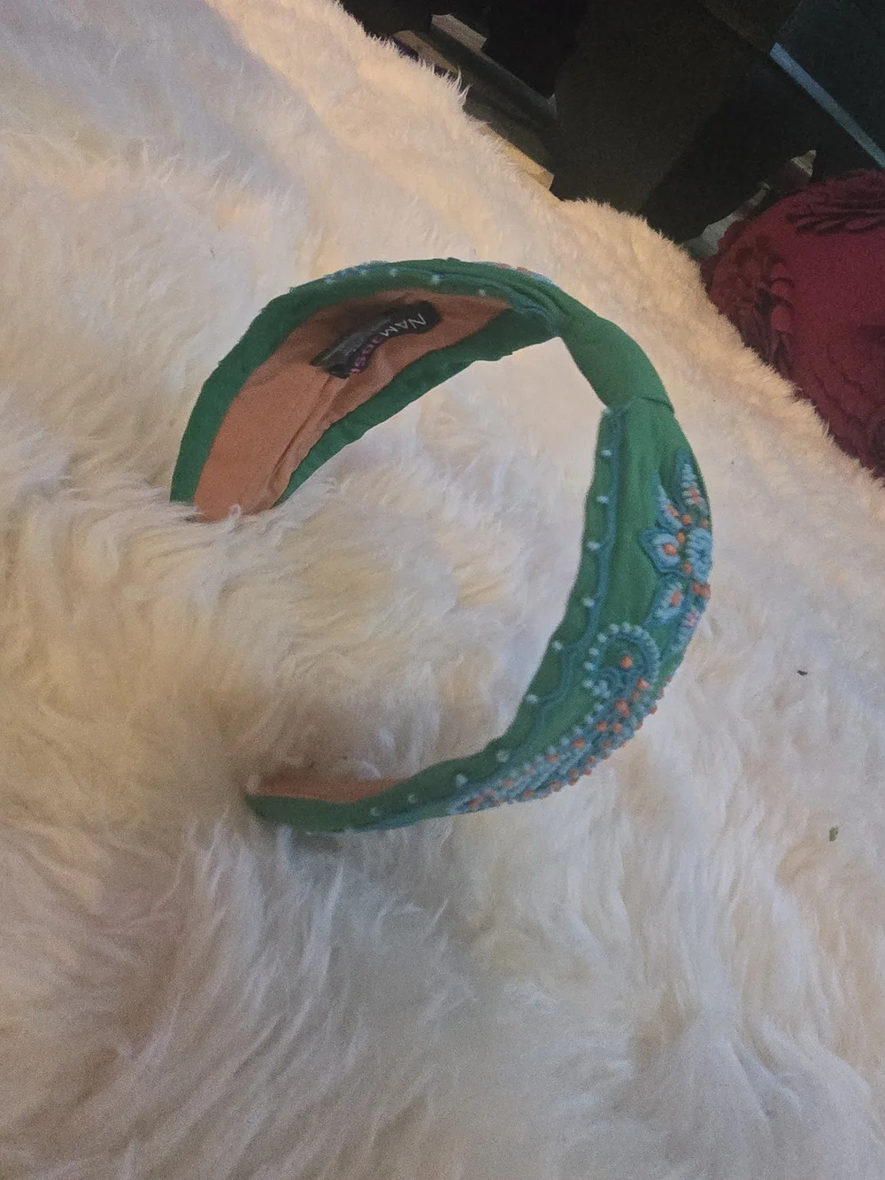 Green Beaded Embroidered Padded Headband by AAMJDOSH